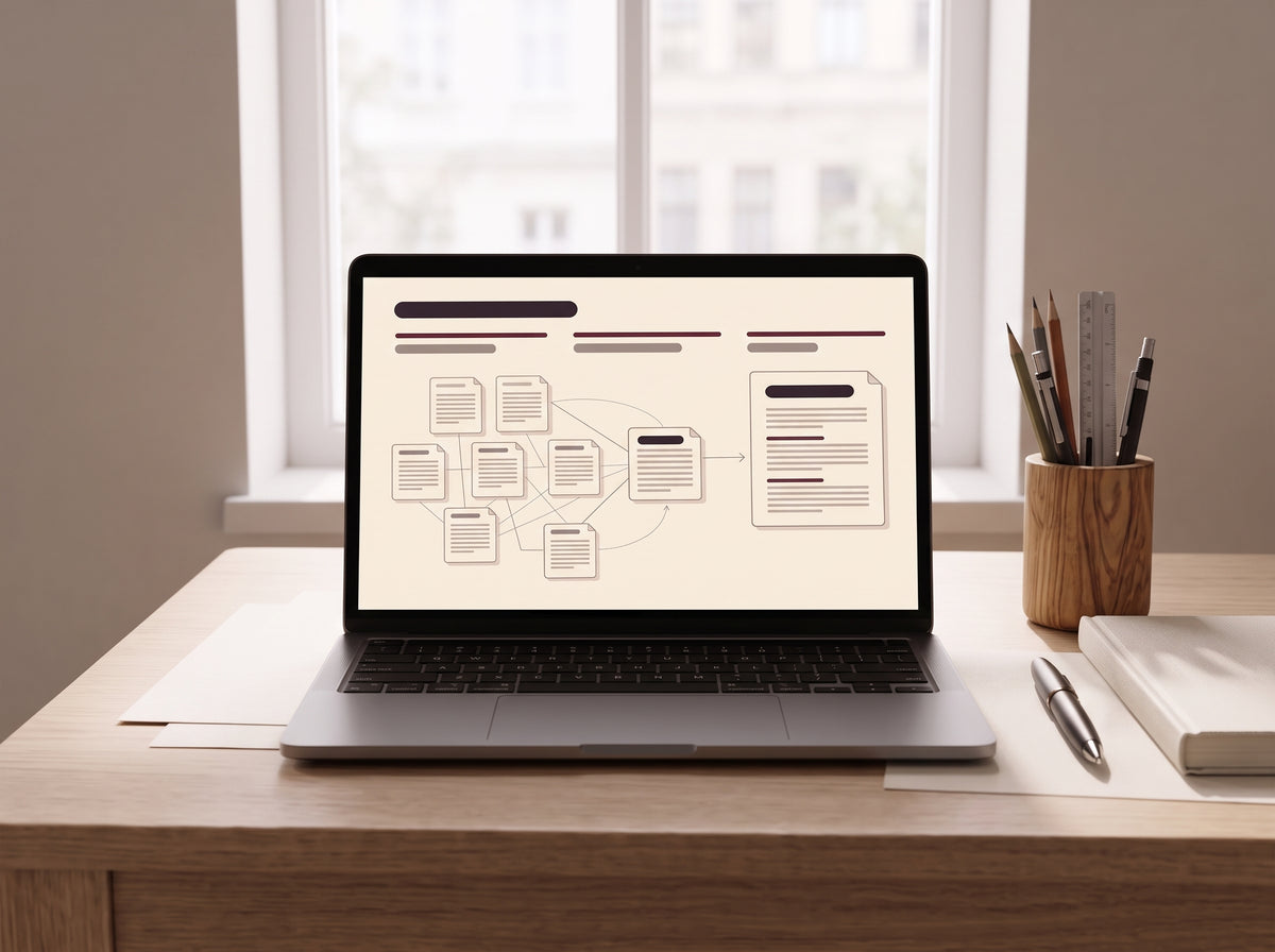 Research sources being organised into a clear digital guide on a laptop.